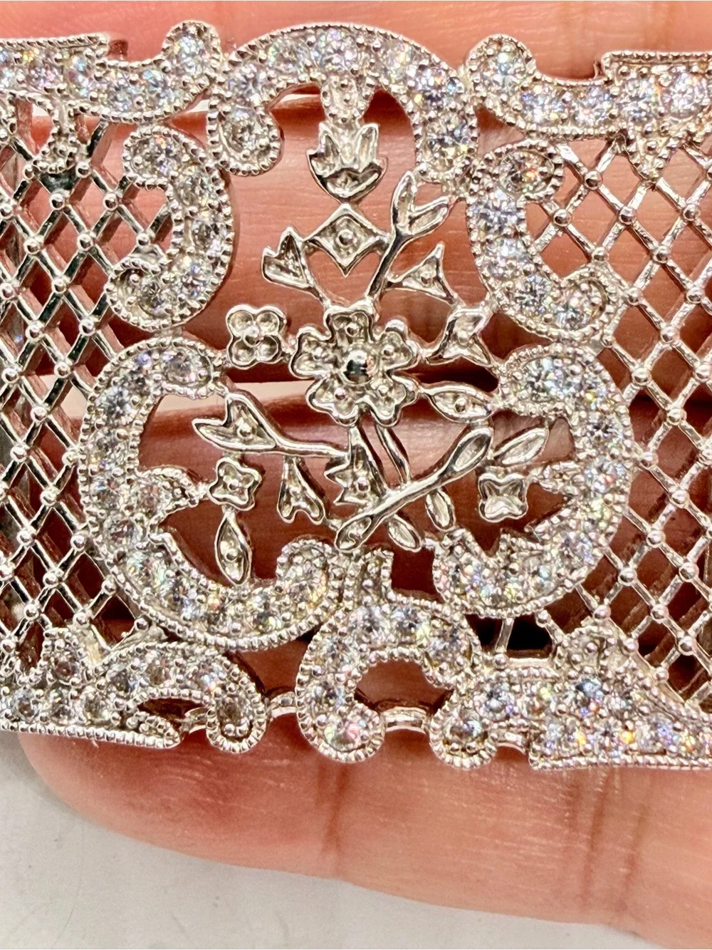 Joseph‎ Esposito ESPO 925 Silver CZ Gem Stones Belt Buckle Openwork Floral Motif
